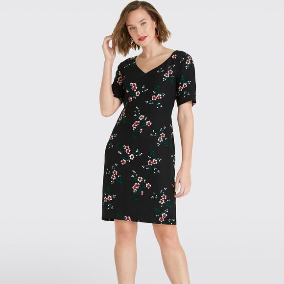 New Draper James Floral Print V-Neck Black Midi Dress NWT Size 0 - Picture 2 of 11